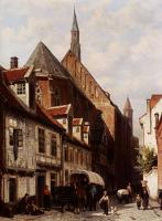 Springer, Cornelis - A Busy Street In Bremen With The Saint Johann Church In The Background